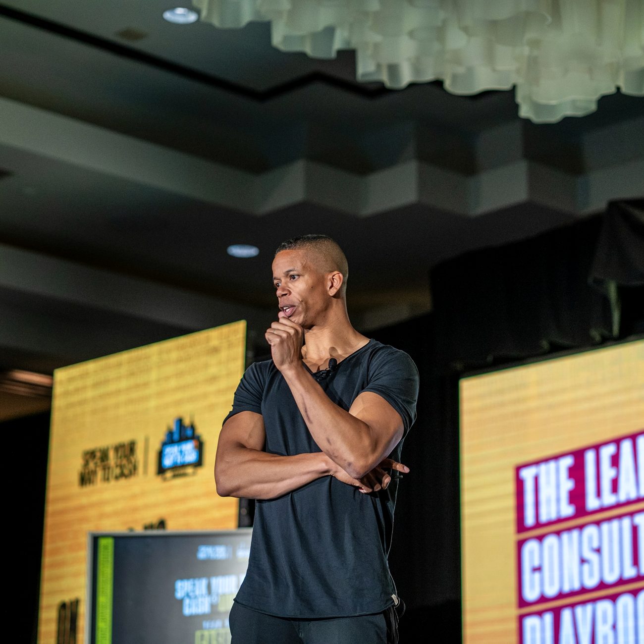 Terry Rice on stage, thinking